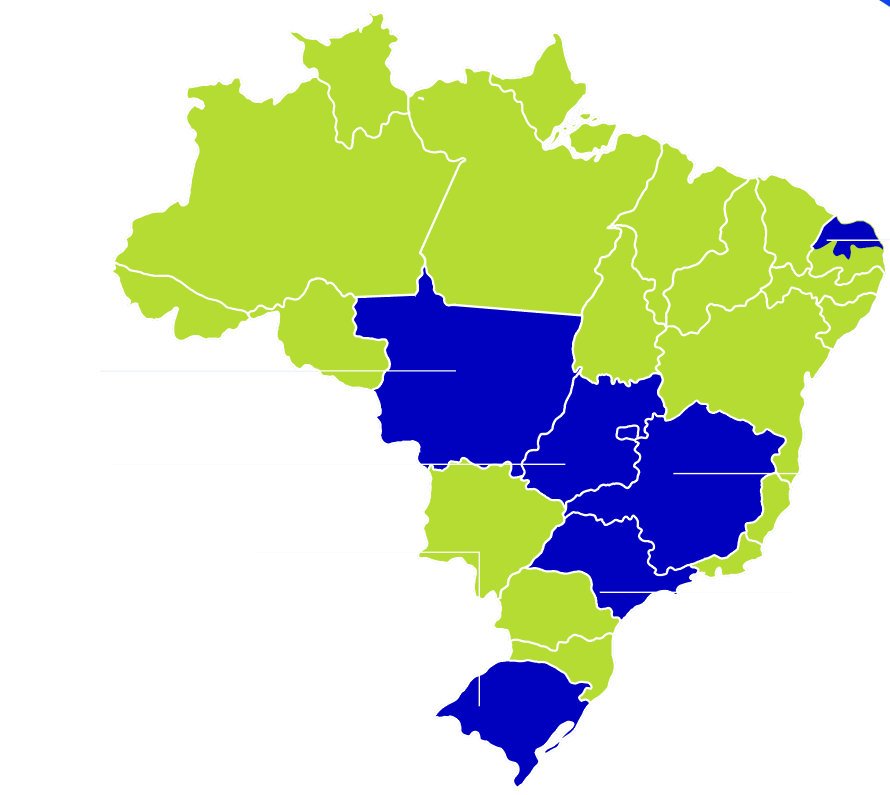 Mapa do Brasil com os seis estados de atuação destacados