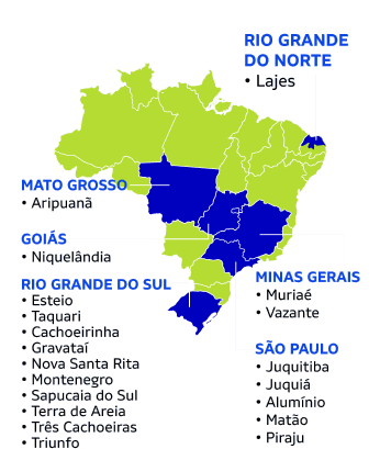 Mapa do Brasil com os seis estados de atuação destacados